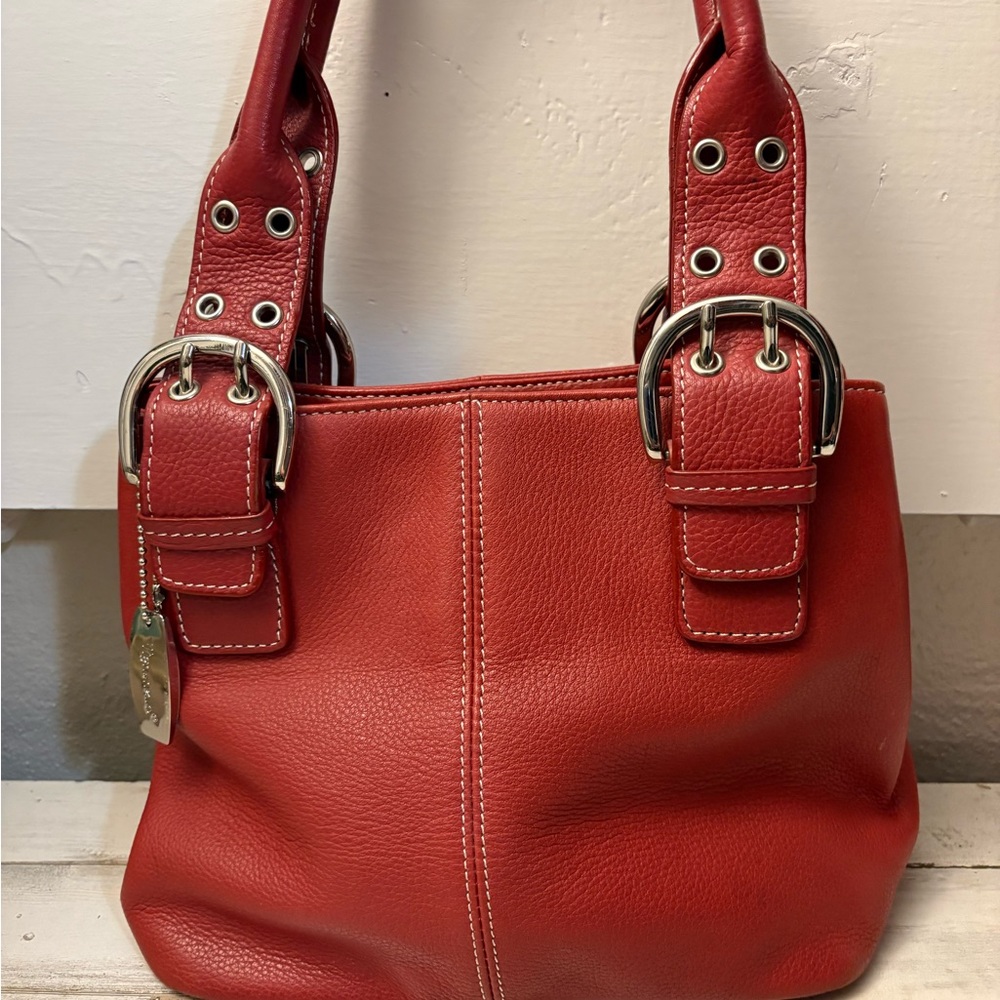 Tignanello Red Leather Shoulder Bag with Buckle Straps